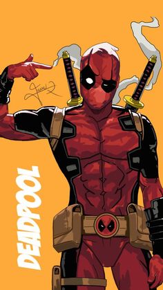 the deadpool character is holding two swords