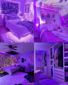 two pictures of a bedroom with purple lights on the walls and bed in the middle