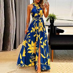 Elegant Pattern Print Hem Split Beach Dress Sexy Off Shoulder Cross Backless Party Dress New Women Summer Sleeveless Long Dress Vestidos Retro, Backless Midi Dress, How To Fold Sleeves, Boho Dresses Long, Sleeveless Skirt, Sleeveless Long Dress, Elegant Pattern, Elegant Dresses For Women, Split Dress