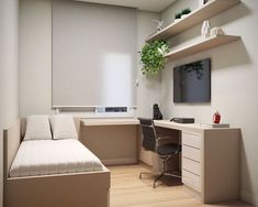 a room with a bed, desk and television on the wall next to bookshelves