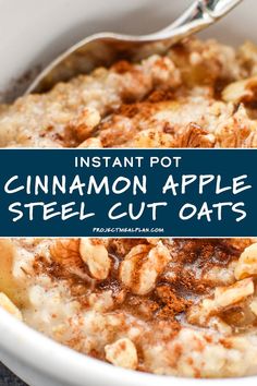 instant pot cinnamon apple steel cut oats in a white bowl with a blue background