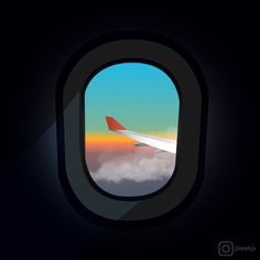 an airplane window showing the wing and clouds