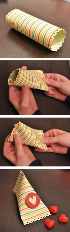 three pictures showing how to make a candy wrapper with hearts on it and the instructions below