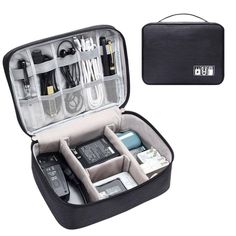 an open case with various items inside on a white background, including electronic devices and cables