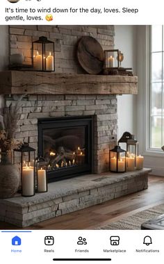 a fire place with candles on top of it