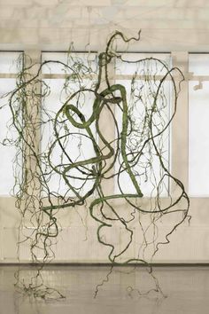 an art piece with vines hanging from it's sides in front of a window