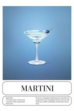 a martini glass with a spoon in it on a blue background and the word martini written below