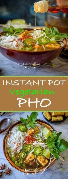 instant pot vegetarian pho soup with noodles and vegetables