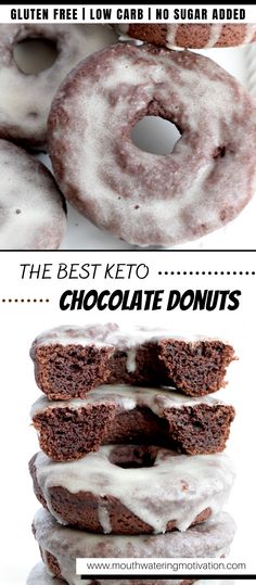 three different donuts stacked on top of each other with white icing and chocolate