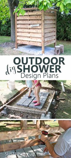 an outdoor shower design plans is shown in three different pictures, including the outside and inside