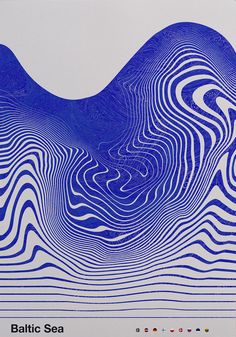 a blue and white poster with wavy lines in the shape of waves on it's surface