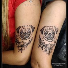 two women with matching tattoos on their legs, one has a pug and the other has flowers