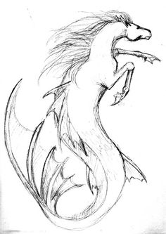 a drawing of a dragon with it's mouth open and its tail curled up