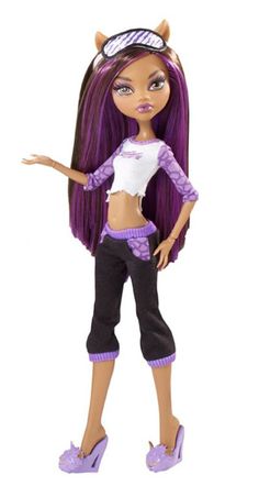 a doll with long hair and purple shoes on it's feet, standing in front of a white background