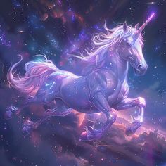 a unicorn is flying through the sky with stars and clouds in its back legs, as if it were riding on a horse