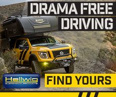 a truck driving down a dirt road with the words, drama free driving find yours