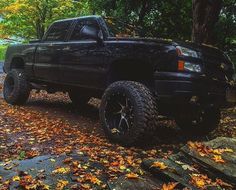 a black truck parked in the woods with leaves on the ground and trees around it