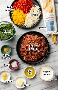 ingredients to make an italian pasta dish laid out on a marble counter top with text overlay