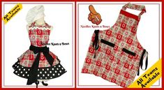 two aprons with different designs on them, one in red and the other in white