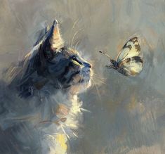 a painting of a cat looking at a butterfly