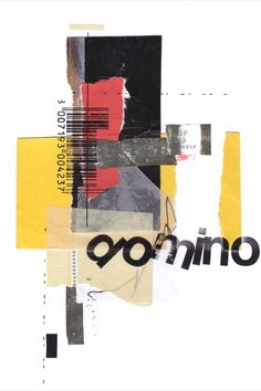 an abstract collage with black, yellow and red colors on it's paper