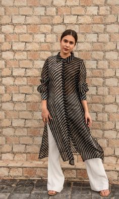 black-lehriya-with-paint-11602045BK, Women Indian Ethnic Clothing, Chanderi Kurta Set Leheriya Co Ord Set, Black White Kurti Design, Sheer Kurta Designs, Cotton Lehariya Kurti Designs, Printed Black Kurti Design, Lehriya Outfits, Traditional Black Kurta For Spring, Black Straight Kurta For Summer, Black Kurta For Workwear And Eid