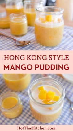 mango pudding in small glass jars on a table