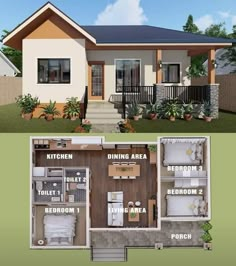 the floor plan for a small house with two bedroom and an attached bathroom, living room and dining area