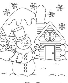 a snowman in front of a house with trees and snowflakes on it