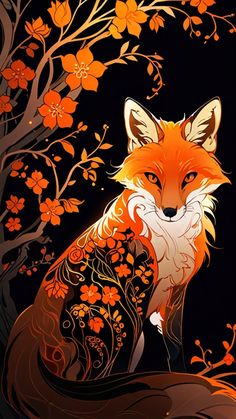 an orange fox sitting in front of a tree with flowers on it's branches