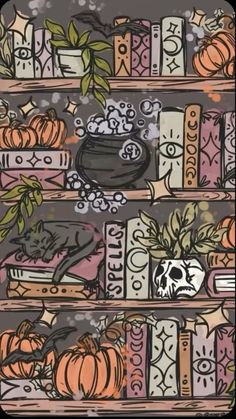 a book shelf filled with lots of books covered in halloween themed decorations and pumpkins