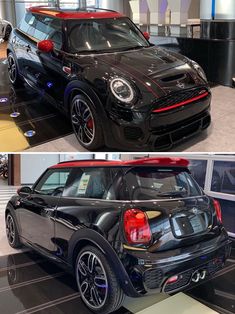 two pictures of the front and back of a black mini cooper hatchback at an auto show