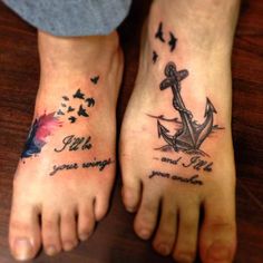 two people with tattoos on their feet that say i love you and have always been there