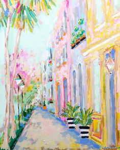 an oil painting of a city street with palm trees