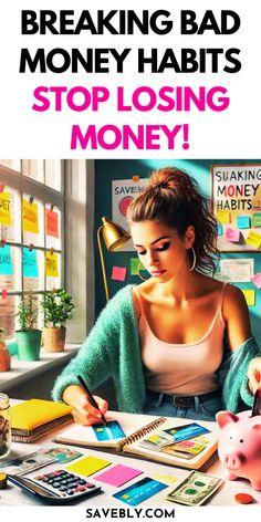 a woman sitting at a desk with money and piggy bank