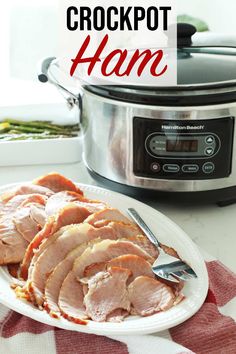 crockpot ham on a plate next to an instant pressure cooker with text overlay