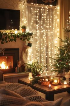 a living room decorated for christmas with lights and candles in front of the fire place