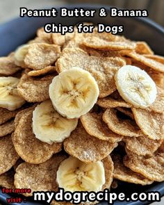 a blue bowl filled with sliced bananas and chips for dogs to make peanut butter and banana chips for dogs