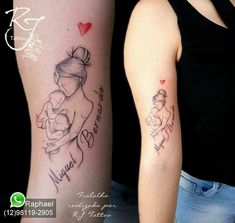 two people with tattoos on their arms and one is holding a small child's hand