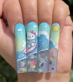 Nails With Characters, Surf Nails, Kawaii Christmas Nails, Weird Nail Ideas, Nails With Pictures, Ariel Nails, Realistic Nails, Aquarius Nails, Aquarium Nails