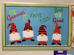 a bulletin board with gnomes on it