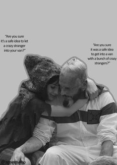 a man and woman sitting next to each other on top of a bench with a quote above them