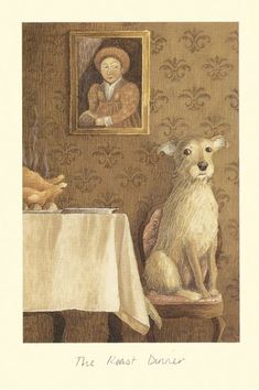 a painting of a dog sitting at a table next to a woman and a cat