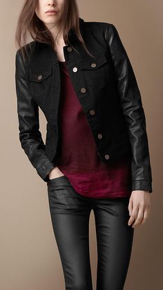 Burberry FW 2011 -Black denim + Leather Jean Fashion, Womens Dress Coats, Jacket Outfit Women, Black Clothes, Leather Sleeves, Next Clothes, Leather Sleeve, Fashion Mistakes