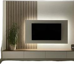 an entertainment center with a television on the wall and a potted plant next to it