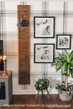 a living room with pictures on the wall and a plant in a basket next to it