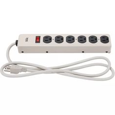 the power strip is plugged into an extension cord with four outlets on each side