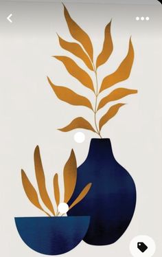 two blue vases with gold leaves in them on a white background, one is holding a plant