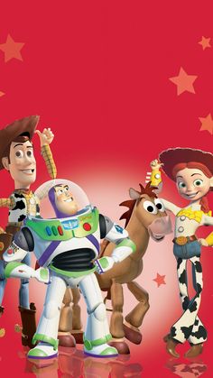 the characters from toy story are standing in front of stars on a red background,