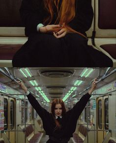 two pictures of a woman sitting on a train with her hands in the air, and another photo of a woman standing inside an empty subway car